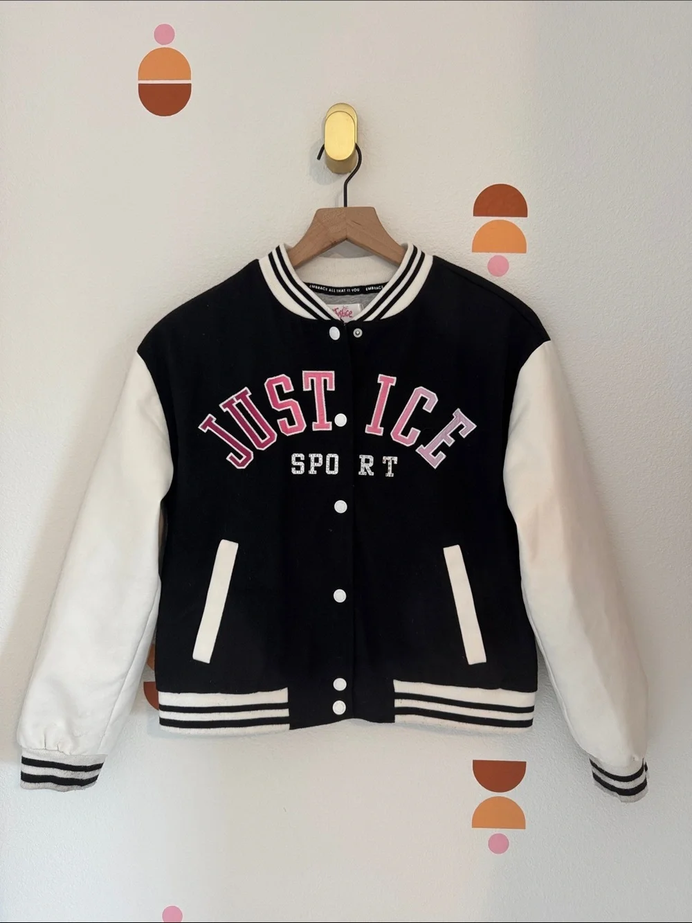 Justice Black & White Varsity Jacket with Pink Lettering N0098